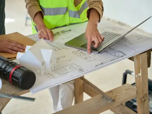 Architectes discutent des plans, pointant du doigt l'emplacement idéal pour installer la VMC dans le modèle de maison.