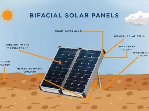 Illustration d'un panneau solaire double face captant la lumière directe et réfléchie du sol.