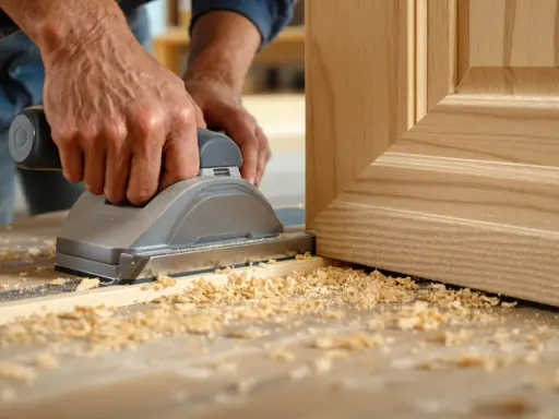 Un artisan utilise une ponceuse pour le détalonnage d'une porte en bois, créant des copeaux fins sur l'établi.