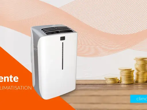 Climatisation en vente, profitez d'une longue durée garantie pour votre confort. Des piles de pièces d'or symbolisent l'économie.