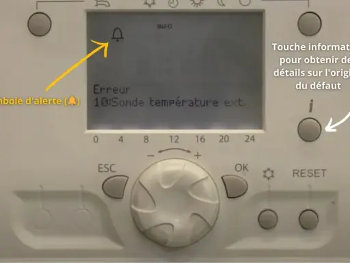 Panneau de contrôle d'une pompe à chaleur unité intérieure affichant une erreur de sonde de température extérieure.