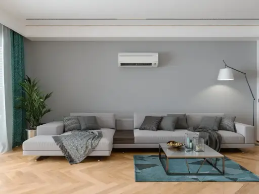 Salon moderne avec canapé gris, tapis bleu, et climatisation souffle froid en mode chauffage.