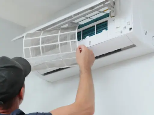Un technicien nettoie le filtre d'une climatisation réversible. Un entretien régulier assure un air sain et optimise le tarif entretien clim réversible.