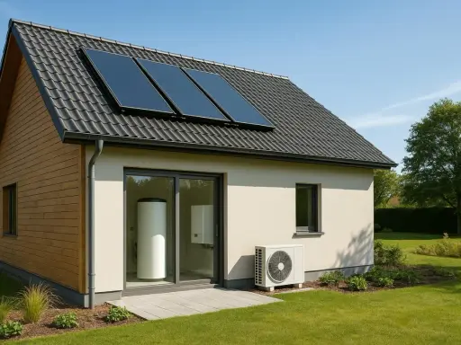 Maison moderne avec panneaux solaires sur le toit et unité extérieure d'un système solaire combiné.