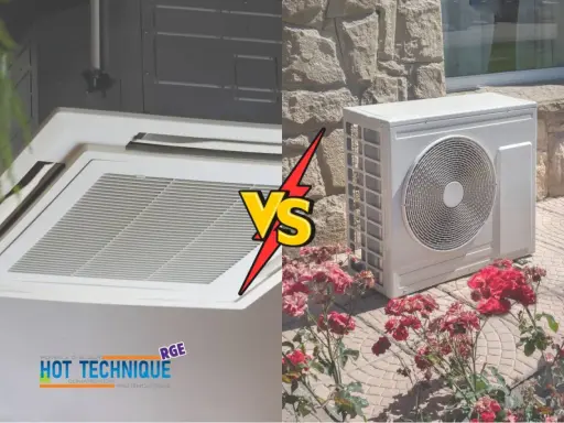 Comparaison entre une unité intérieure de climatisation et une unité extérieure de PAC réversible, avec des roses en premier plan.