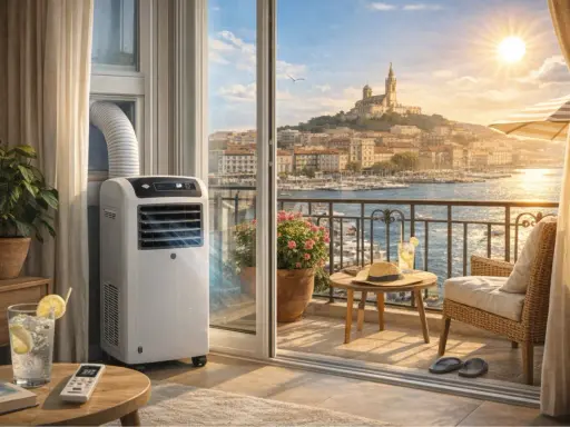 Climatiseur mobile en mode swing, diffusant une brise fraîche sur un balcon avec vue sur la mer et la ville ensoleillée.