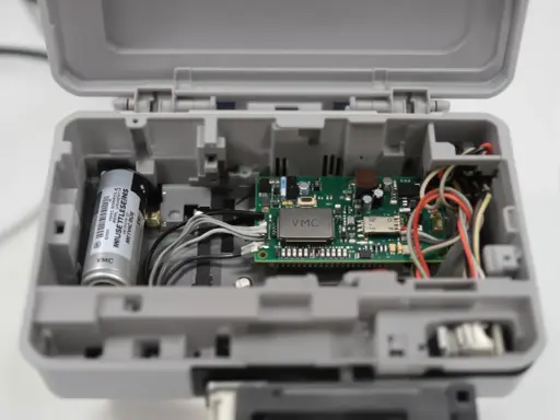 Intérieur d'un boîtier gris ouvert, révélant un circuit imprimé VMC, une batterie et des fils. Le VMC qui bip pourrait indiquer un problème.