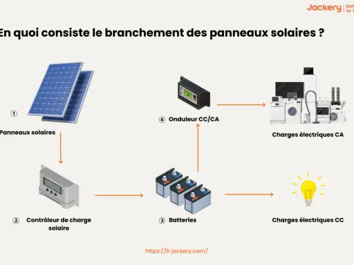 Schéma du branchement des panneaux solaires pour l'autoconsommation : panneaux, contrôleur, batteries, onduleur et charges électriques.