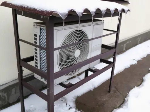 Unité extérieure de pompe à chaleur grand froid sous un abri enneigé. Avis sur sa performance en hiver.