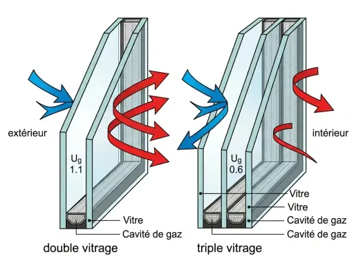 Comparaison double et triple vitrage : l'épaisseur des cavités de gaz réduit la déperdition thermique.