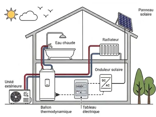 Schéma d'une maison avec un ballon thermodynamique, un panneau solaire, un radiateur et une unité extérieure.