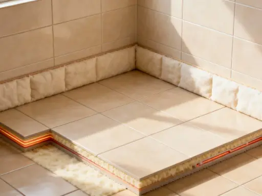 Coupe d'un sol carrelé montrant le système de chauffage et l'isolation sous carrelage, avec des matériaux isolants moelleux sur les côtés.