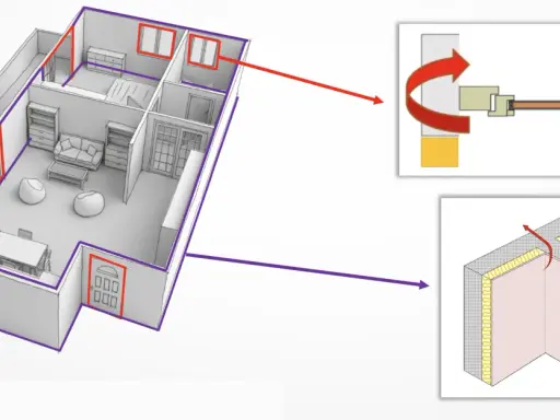 Schéma d'une maison montrant les zones de ponts thermiques aux fenêtres et aux coins. Détails sur la circulation de l'air et l'isolation.