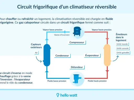 Schéma du circuit frigorifique d'un climatiseur réversible. Il montre comment fonctionne une clim réversible avec ses composants : compresseur, condenseur, évaporateur, détendeur.