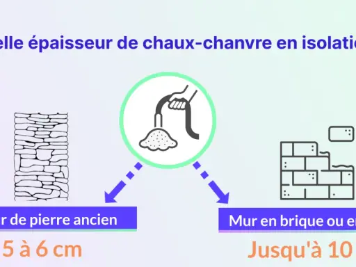 Épaisseur d'isolation chaux-chanvre : 5-6 cm pour murs de pierre anciens, jusqu'à 10 cm pour brique/béton.