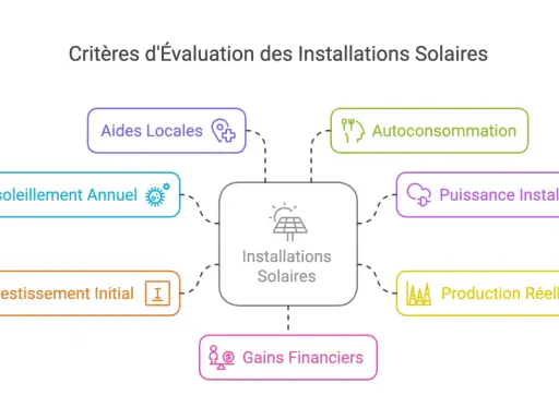Schéma des critères d'évaluation des installations solaires, incluant l'investissement initial pour le calcul rentabilité panneau solaire, l'autoconsommation et les gains financiers.
