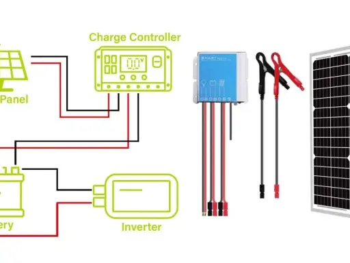 Schéma d'un système solaire : panneau, batterie, onduleur et régulateur de charge. La **tension panneau solaire** est gérée par le régulateur.