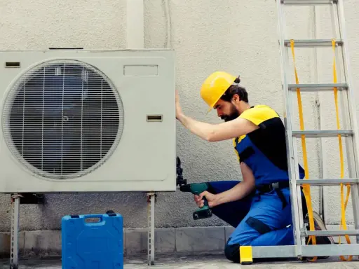 Technicien en bleu, casque jaune, installant une unité extérieure de pompe à chaleur. La garantie pompe à chaleur est assurée par ce professionnel.