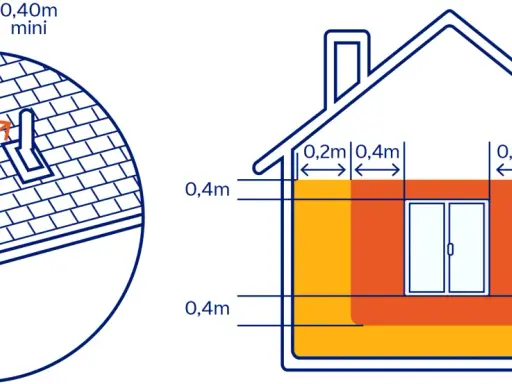 Schéma illustrant la réglementation sortie ventouse en façade : distances minimales de 0,40m sur le toit et 0,2m/0,4m en façade.