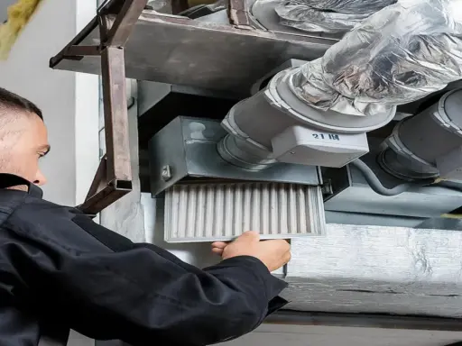 Un technicien retire un filtre encrassé d'un système de ventilation, signe que la vmc ne fonctionne plus correctement.