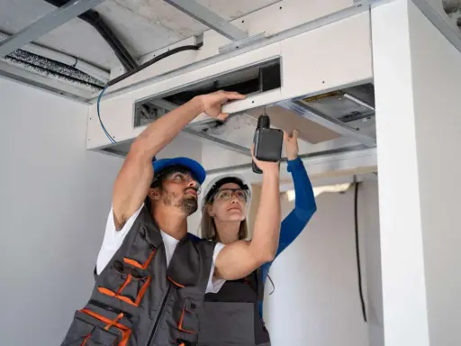 Deux ouvriers travaillent sur l'installation vmc simple flux, l'un perce le plafond, l'autre tient une plaque.