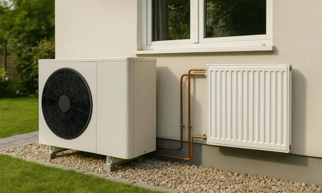 Unité extérieure d'une pompe à chaleur installée près d'un radiateur électrique blanc, avec des tuyaux en cuivre reliant les deux.