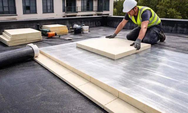 Un ouvrier pose des panneaux pour l'isolation d'un toit terrasse.