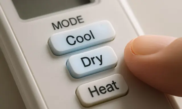 Doigt appuyant sur le bouton "Cool" d'une télécommande de climatiseur. Le mode cool est idéal pour les journées chaudes.