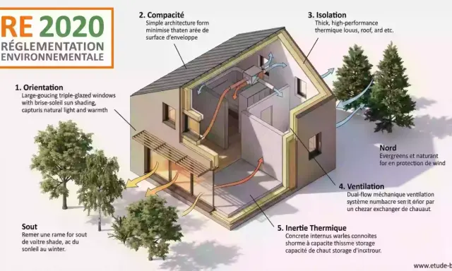 Maison économe en énergie RE 2020 : orientation, compacité, isolation, ventilation et inertie thermique pour un confort durable.