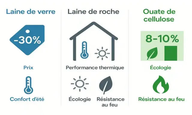 Comparaison : laine de verre (prix), laine de roche (performance thermique, écologie, résistance au feu) et ouate de cellulose (écologie, résistance au feu).