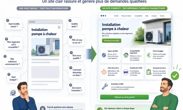 Un homme perplexe face à une page web sur l'installation de pompe à chaleur. Le site "prime cee climatisation" propose des réponses claires pour un projet réussi.