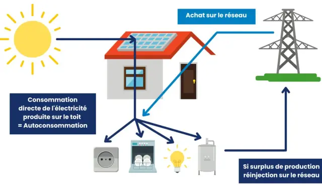 Schéma illustrant l'autoconsommation : le soleil alimente une maison avec panneaux solaires. L'électricité produite est consommée directement ou réinjectée sur le réseau.