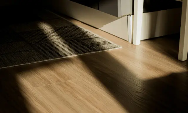 Rayons de soleil traversant un tapis sur un plancher de bois. L'isolation du plancher bois est discrète sous le tapis.