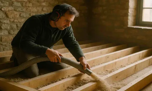 Pose d'isolation chanvre : prix m2. Un homme installe un isolant naturel dans une structure en bois.