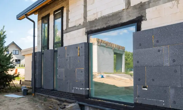 Maison en construction avec isolation par l'extérieur en panneaux gris. Les fenêtres reflètent le ciel bleu et un autre bâtiment.