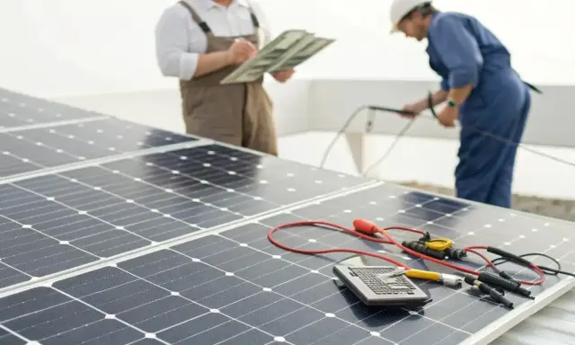 Techniciens effectuant le calcul batterie solaire, avec des panneaux solaires et du matériel de mesure.