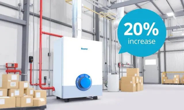 Chaudière gaz Boarer dans un entrepôt. Un message indique "20% increase". Entretien chaudière gaz.