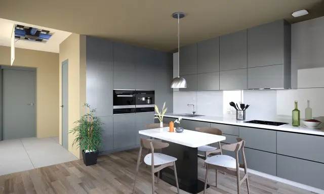 Cuisine moderne avec îlot central. Un système hygro A ou B est visible au plafond, assurant une ventilation optimale.