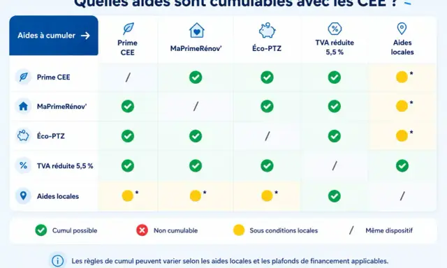 Tableau comparatif des aides cumulables avec la Prime CEE : MaPrimeRénov', Éco-PTZ, TVA réduite 5,5% et aides locales.