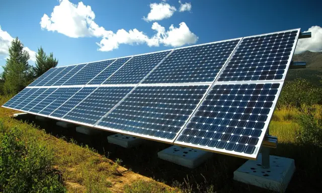 Panneaux solaires installés sur un terrain herbeux, sous un ciel bleu avec des nuages. Idéal pour apprendre comment installer des panneaux solaires soi même.