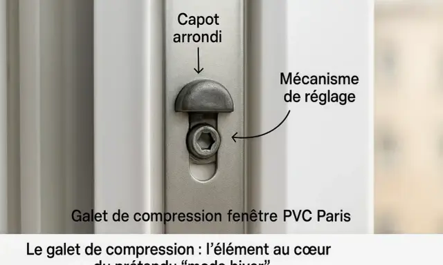 Détail d'un galet de compression sur une fenêtre PVC, élément clé du prétendu "mode hiver".