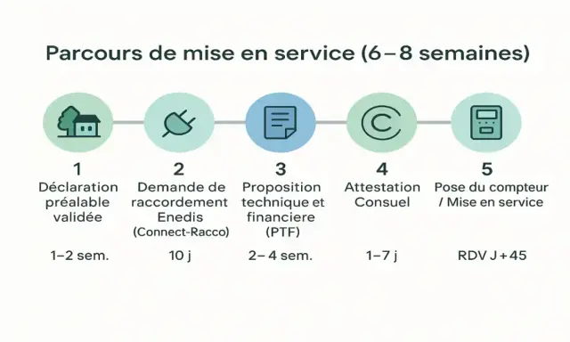 Schéma des étapes pour la mise en service d'un panneau photovoltaïque, incluant l'attestation de conformité Consuel.