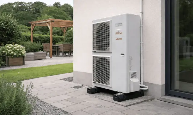 Unité extérieure d'une pompe à chaleur Fujitsu Atlantic, installée sur une terrasse. L'image suggère la fiabilité et la durée de vie d'une pompe à chaleur.
