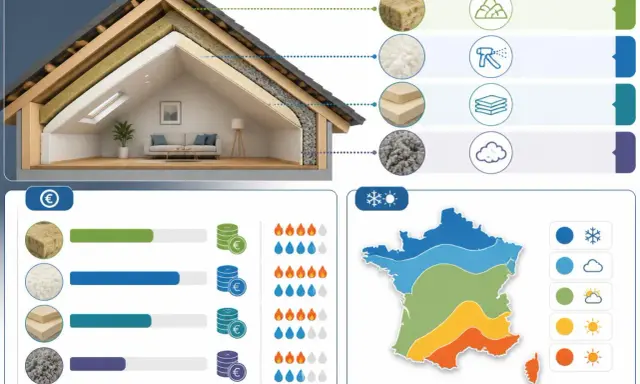Coupe d'une maison montrant l'isolation des combles aménageables avec différents matériaux et leur coût. Carte de France des zones climatiques.
