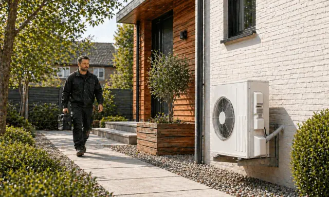 Un technicien se dirige vers une pompe à chaleur air air non réversible installée sur un mur de briques.