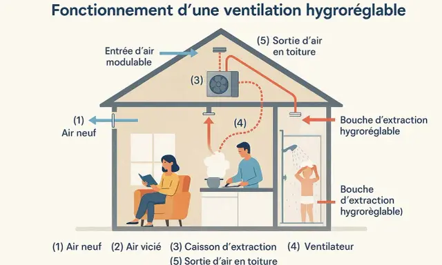 Schéma du fonctionnement d'une ventilation hygroréglable : air neuf entrant, air vicié extrait par bouches hygroréglables, ventilateur et sortie en toiture.
