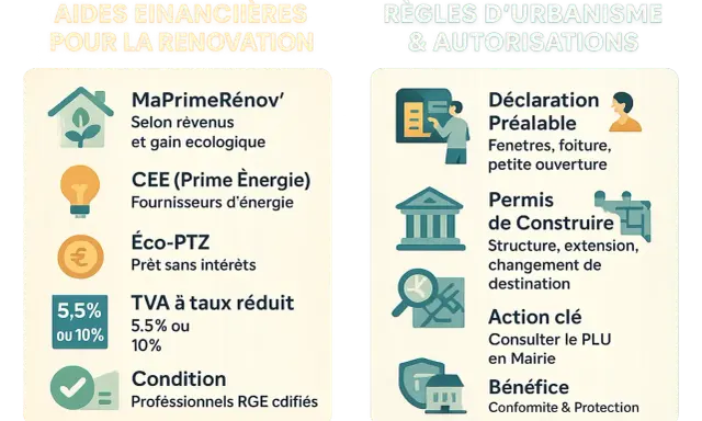 Aide rénovation maison ancienne : MaPrimeRénov', CEE, Éco-PTZ, TVA réduite. Règles d'urbanisme : Déclaration préalable, Permis de construire.