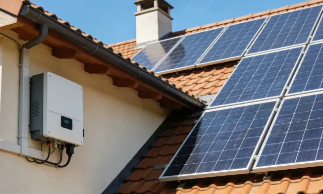 Panneau solaire sur un toit avec un onduleur blanc. Pour savoir si un onduleur ne fonctionne plus, vérifiez son écran ou les voyants lumineux.