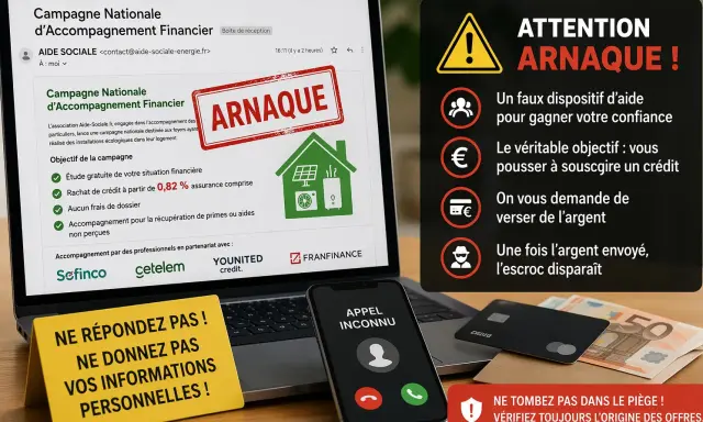 Attention arnaque ! Un faux démarchage pour un bilan énergétique gratuit promet un crédit mais vise à vous escroquer. Ne donnez jamais vos infos.