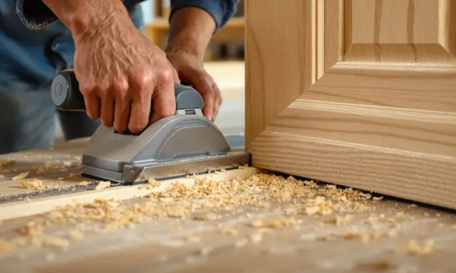 Un artisan utilise une ponceuse pour le détalonnage d'une porte en bois, créant des copeaux fins sur l'établi.
